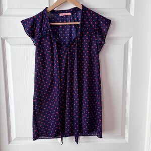 Robin's Nest Maternity Navy Blue Red Polka Dot Flutter Sleeve Tie Neck Top L